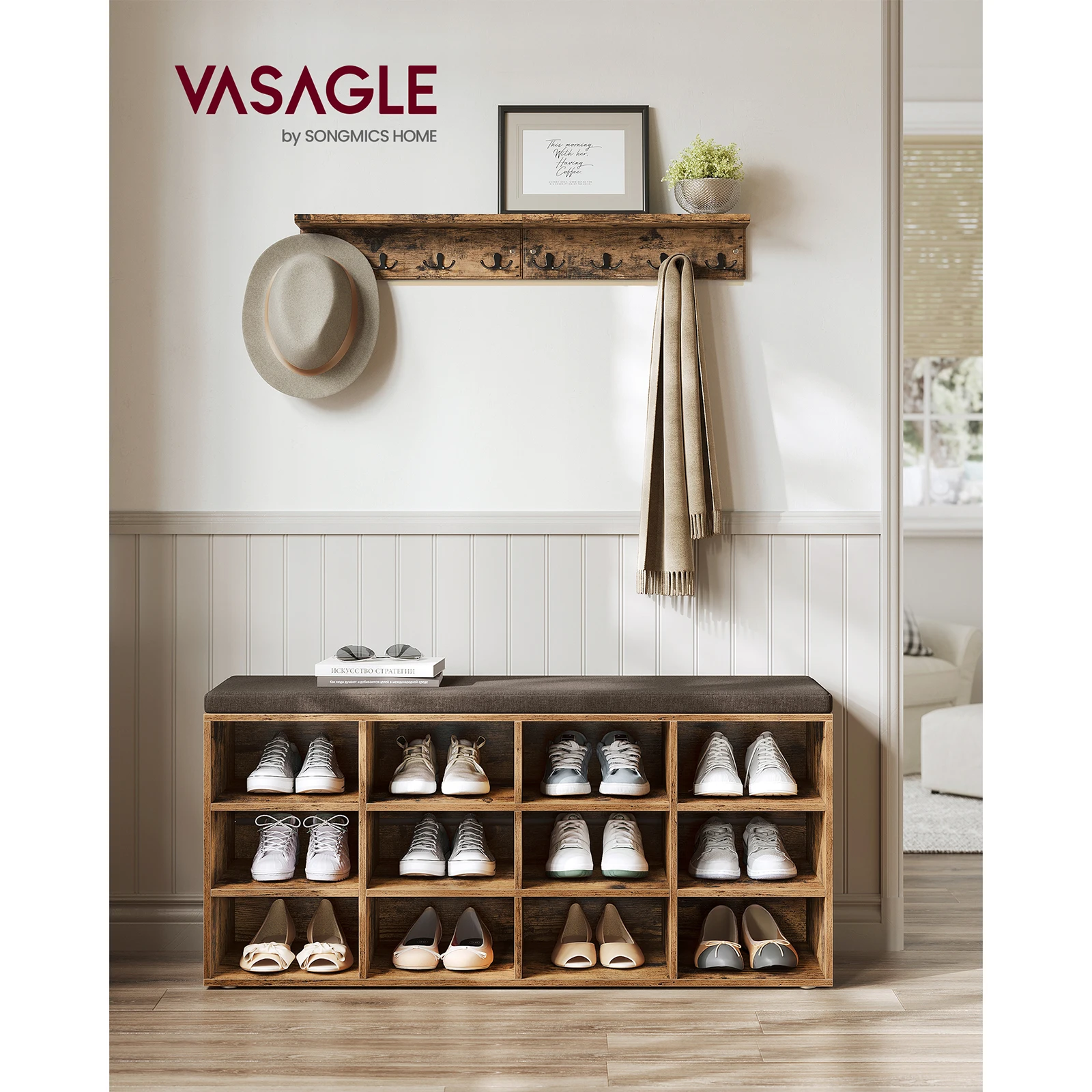 VASAGLE Shoe Bench, Storage Bench with Padded Seat, with Cushion, 12 Compartments, Adjustable Shelves, 30.3 x 104 x 48 cm