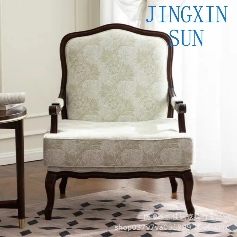 Single fabric sofa Solid wood cotton and linen armrest Tiger chair French living room Bedroom sofa chair