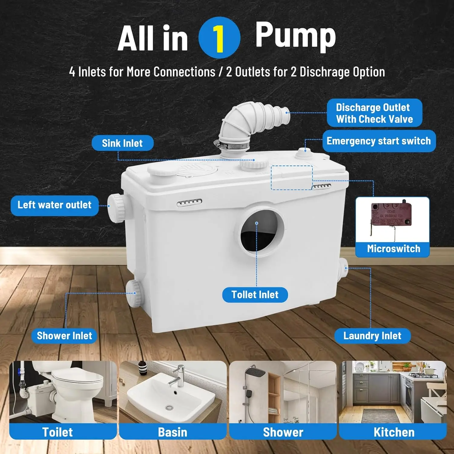 800Watt High Power Upflush Toilet With Macerator Pump For Basement, Two Piece Macerating Toilet For