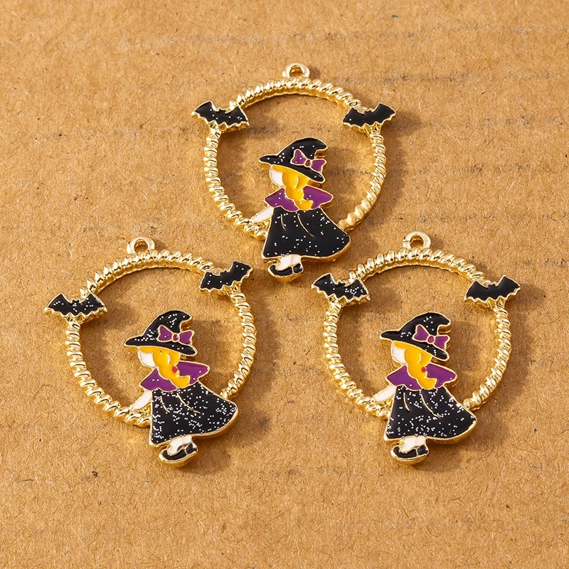 10pcs 23x29mm Cute Enamel Halloween Pumpkin Witch Charms Pendants for Jewelry Making Earrings Necklace DIY Accessories Supplies