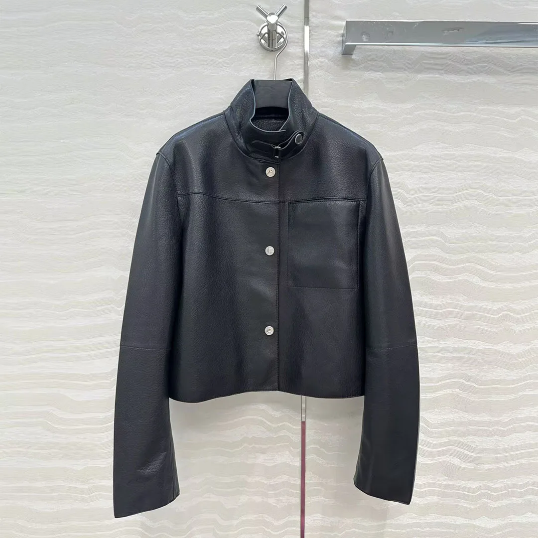 

Luxury 100% Sheepskin Leather Short Design Black Coat Women Turtleneck Long Sleeve Zipper Single Breasted Streetwear Cool Jacket