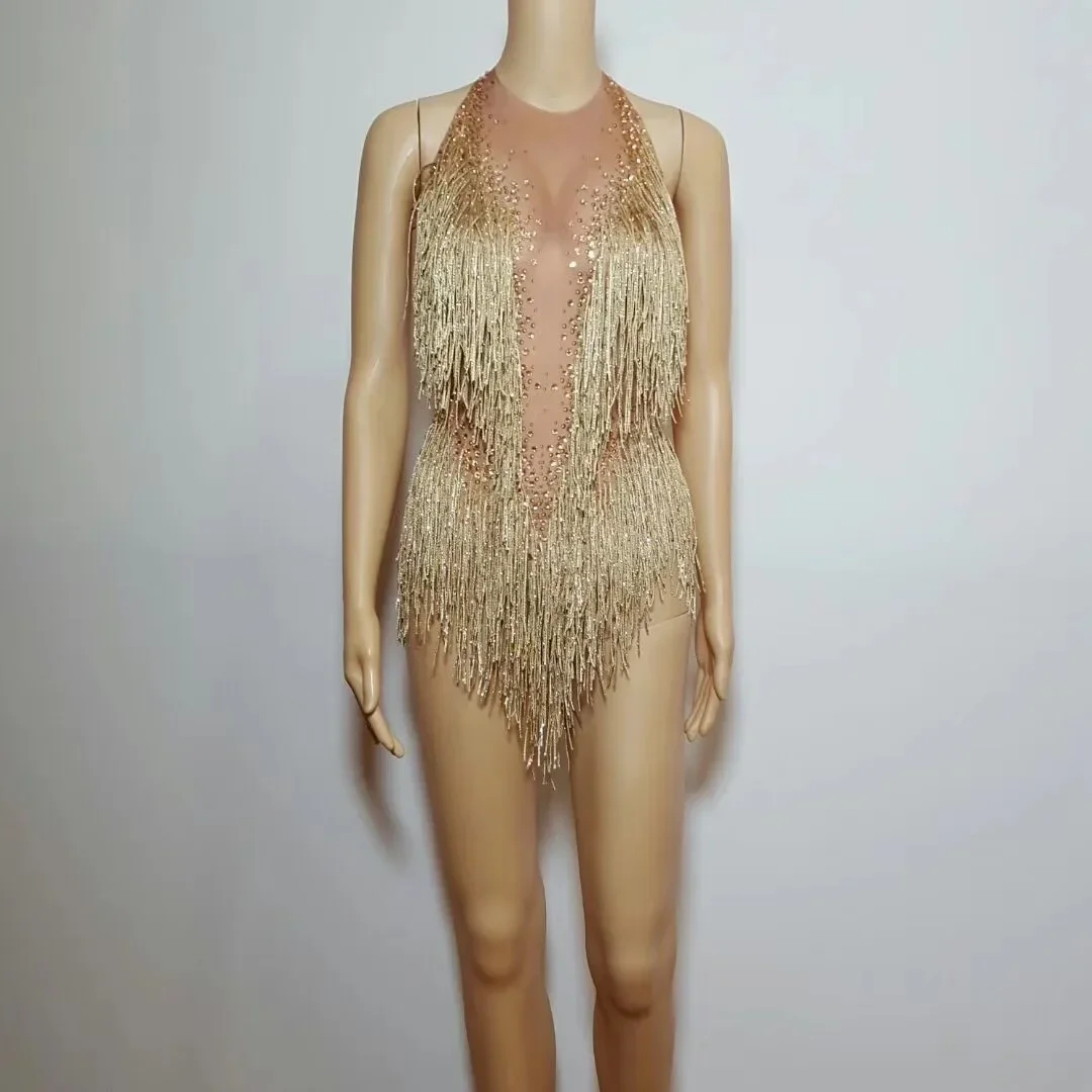 Body con borlas doradas brillantes para mujer, traje con cuentas de alta elasticidad, traje ajustado para fiesta de DJ, Ropa de baile de una pieza