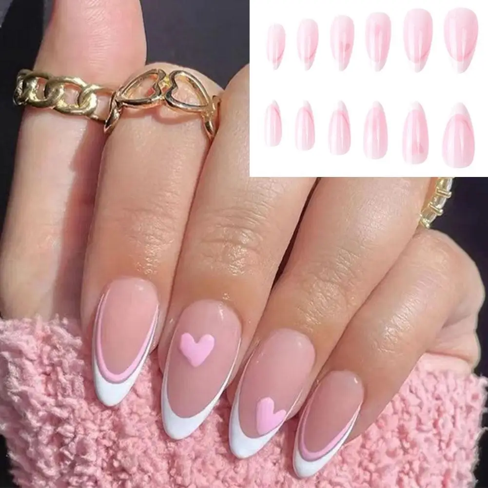 Black White Love Heart Fake Nails Geometric Water Drop Nail Almond 24pcs/box Nails Glue Nails French On Jelly Press Fake Fa C6Z9