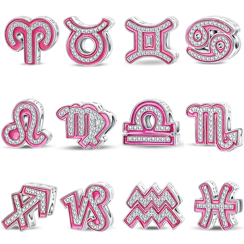 Genuine 925 Sterling Silver 12 Constellations Pink Charms Beads Fit Pandora 925 Original Bracelets DIY Birthday Jewelry Gifts