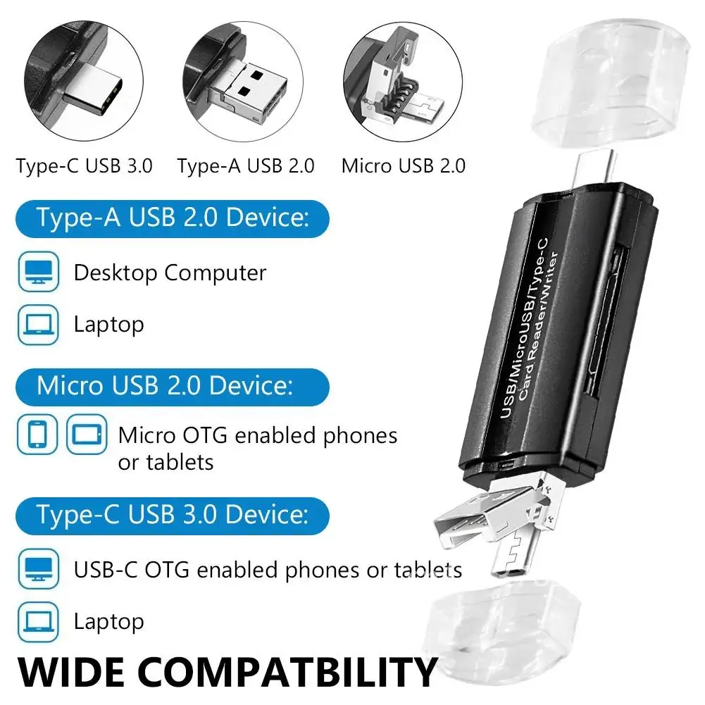 Type C & Micro USB & USB 3 In 1 OTG 2.0 Card Reader High-speed Universal OTG TF/SD For Laptop Phone Extension Headers Cardreader