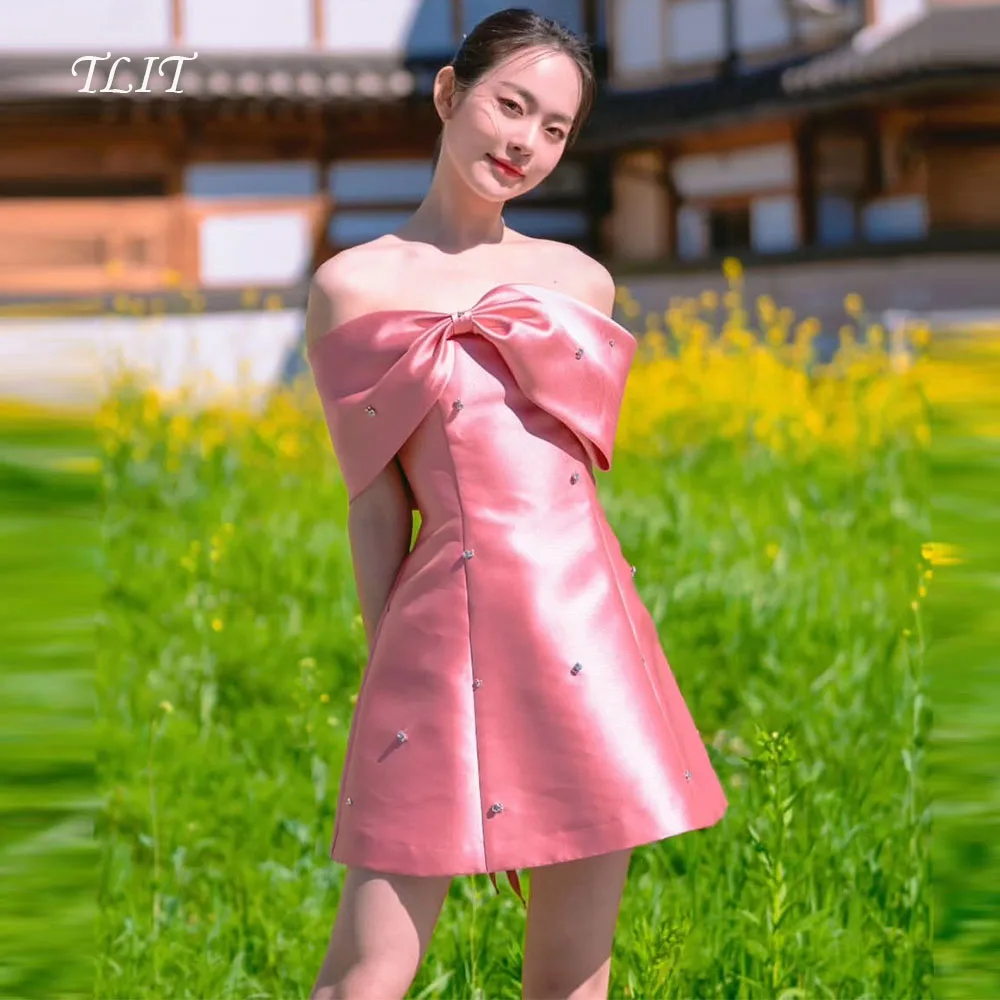 

TLIT Элегантные розовые атласные вечерние платья Корейские свадебные платья Фотосессия с открытыми плечами и бантом Кристаллические платья для выпускного вечера по индивидуальному заказу