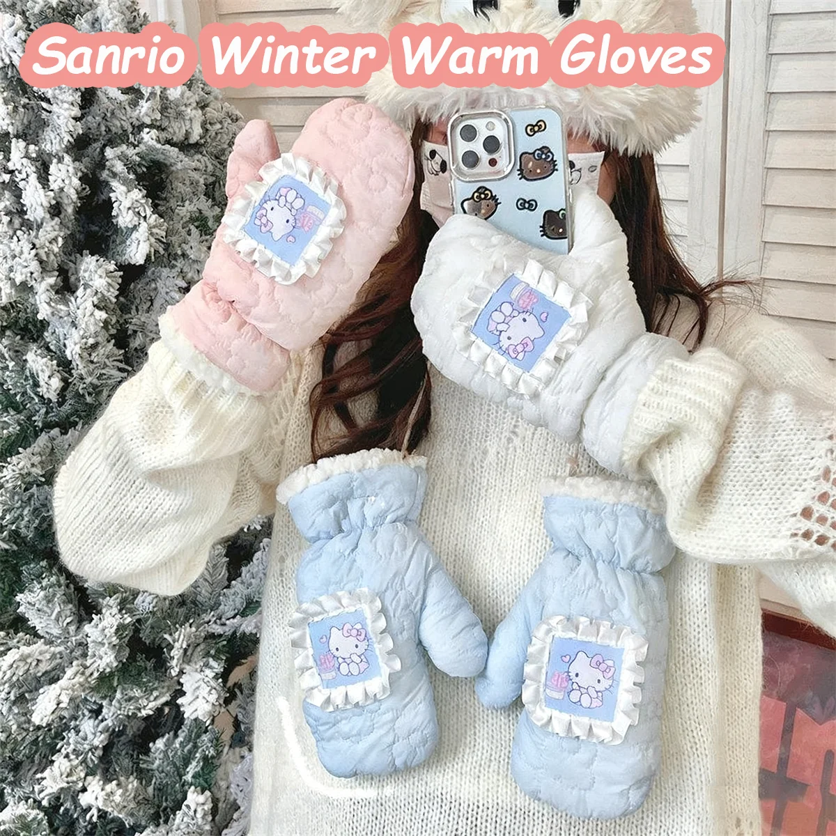 قفازات سانريو هالو كيتي الدافئة المقاومة للبرد، قفازات ركوب الدراجات الدافئة، إكسسوار حراري، هدية عيد الميلاد #1