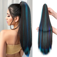 Synthetic 24Inch Claw Ponytail Hair Extension High Heat Resistant Mix Highlights Color Long Straight Clip-in Hairpiece for Women