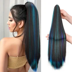 Synthetic 24Inch Claw Ponytail Hair Extension High Heat Resistant Mix Highlights Color Long Straight Clip-in Hairpiece for Women