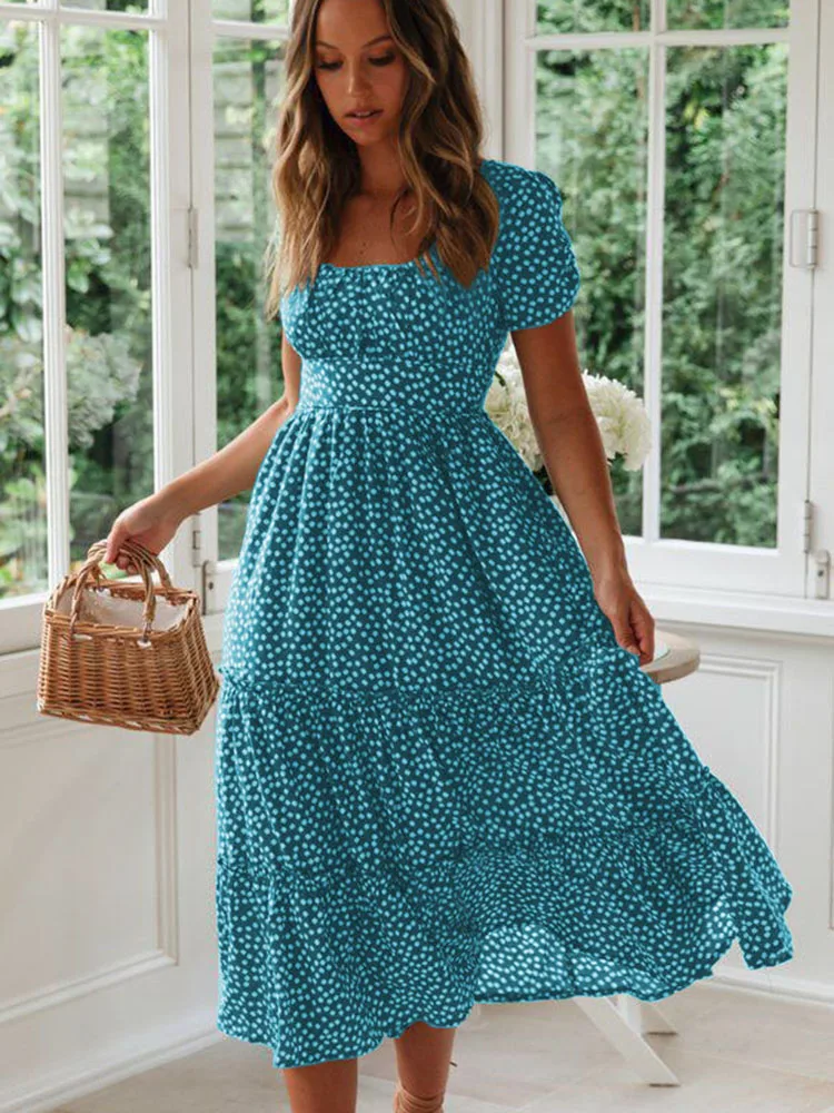 Sexy Square Collar Floral Print Midi Dress 2024 Women\'s Summer Puff Short Sleeve Ruffles Casual Party Dresses For Women Robe