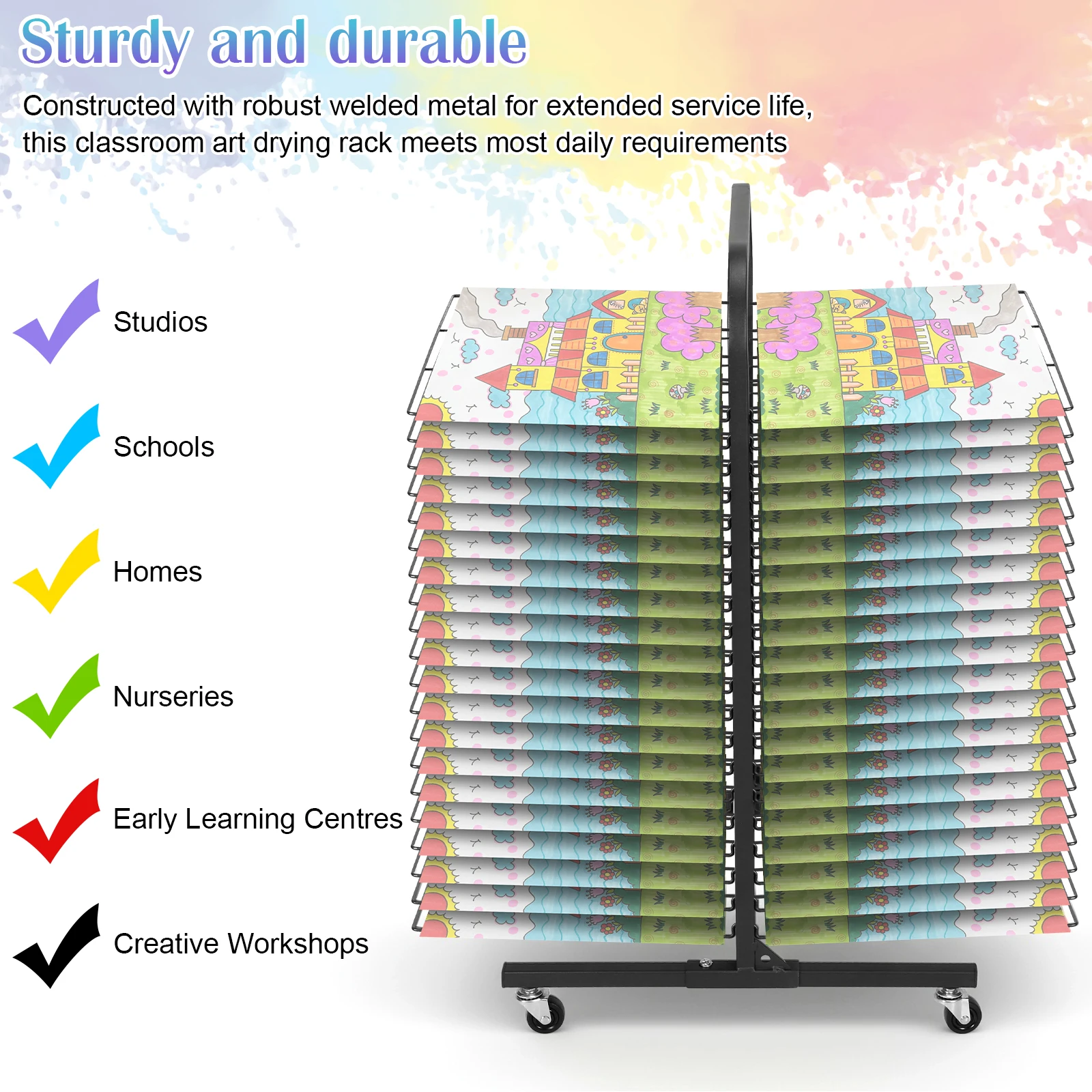 

20-Shelf Metal Painting Rack with Lockable Wheels Drying Stand Removable Shelves Art Storage Organizer for Artwork in Classrooms