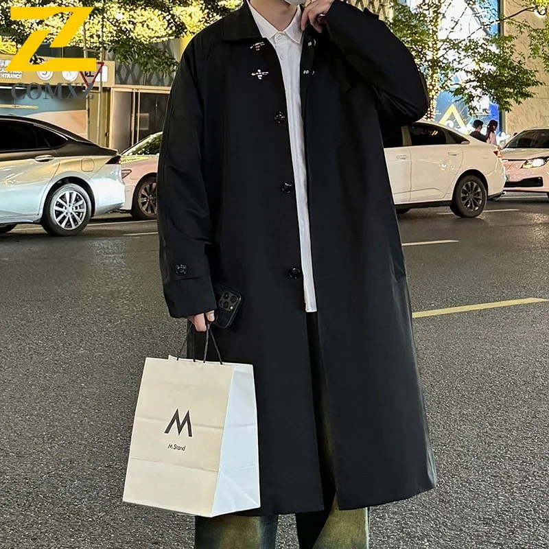 

COMXZ Autumn New Airplane Buckle New Chinese Style Trench Coat Men Longline Hidden Placket Trendy Overcoat Top Outerwear 2025