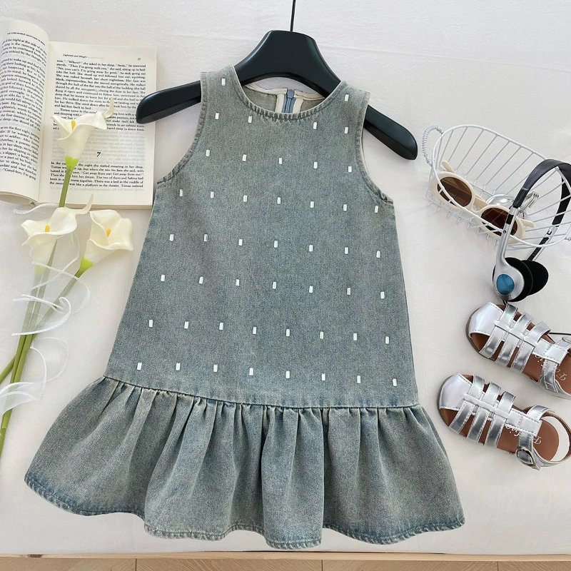 Vestido para niña, novedad De verano, versión coreana, Patchwork para niña, taladro para uñas, sin mangas, vestido vaquero De retales, Ropa De Niña