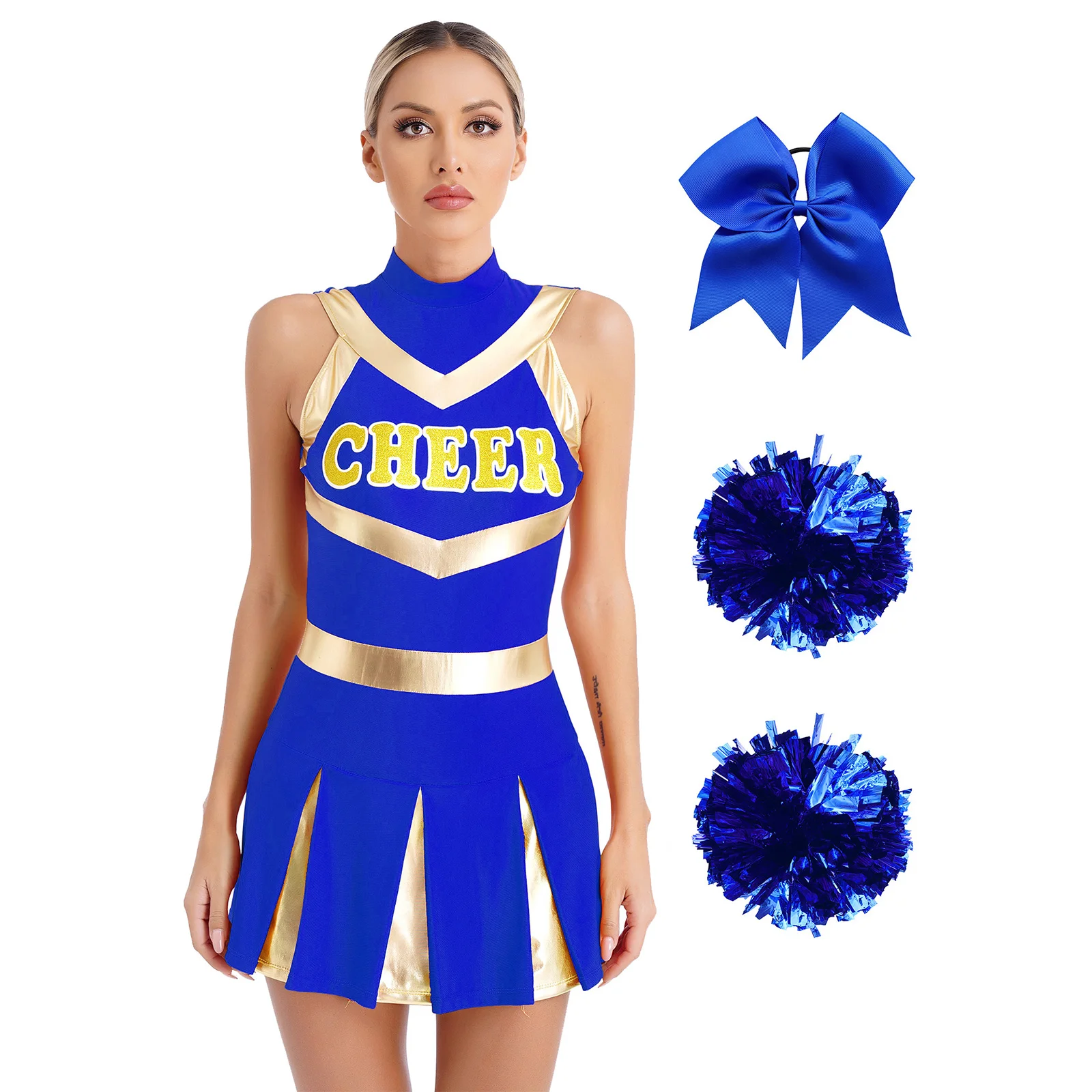 Womens Cheerleading Costumes Sleeveless Cheer Dance Dress Bowknot Hair Band Flower Balls Cosplay Cheeleader Outfits Teamwear