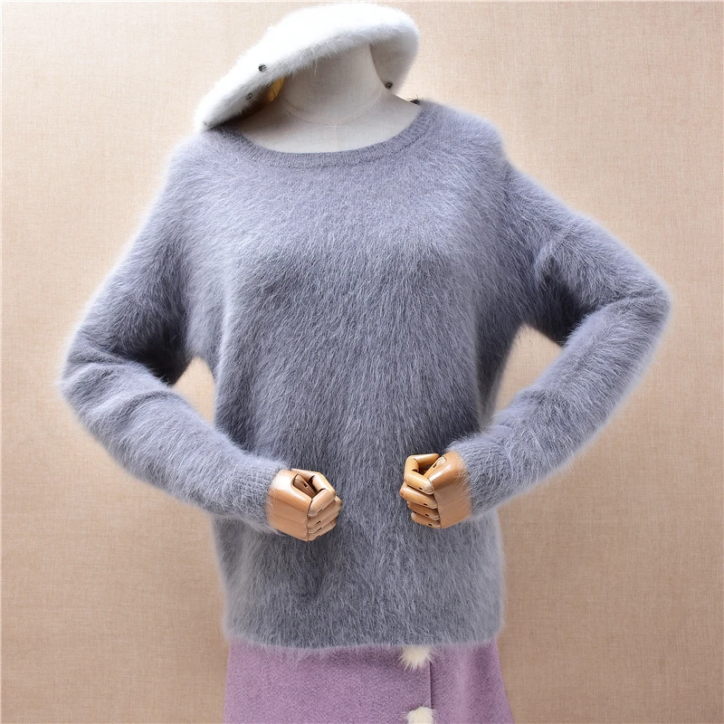 

Женская осенне-зимняя одежда, волосатая ангорская кроличья шерсть, вязаная блузка с круглым вырезом и длинными рукавами, тонкие блузки, свитер из меха норки, джемпер