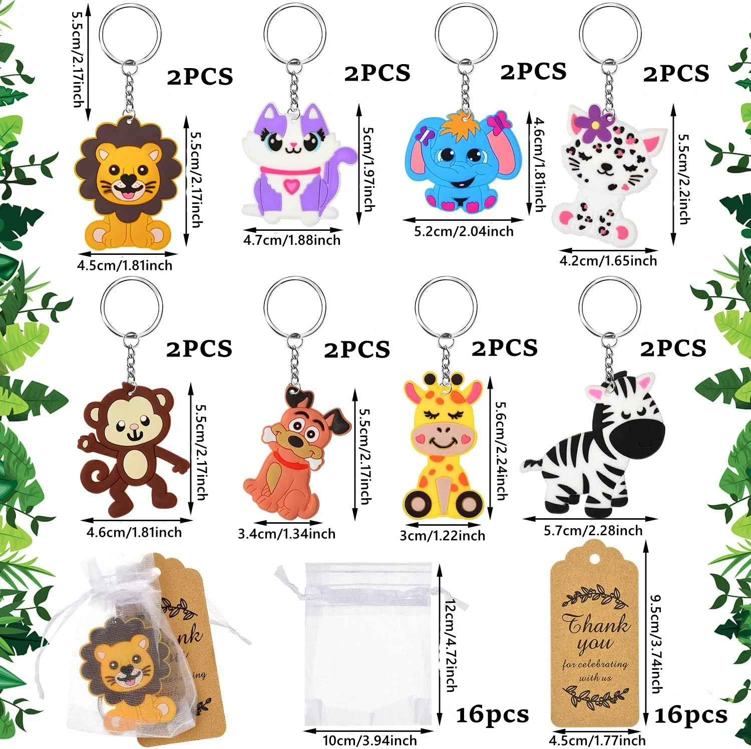 48Pcs Cute Jungle Animal Keychains, Including Key Ring, Thanks Tags, organza Bags for Boy and Girl Birthday Favor, Baby Shower