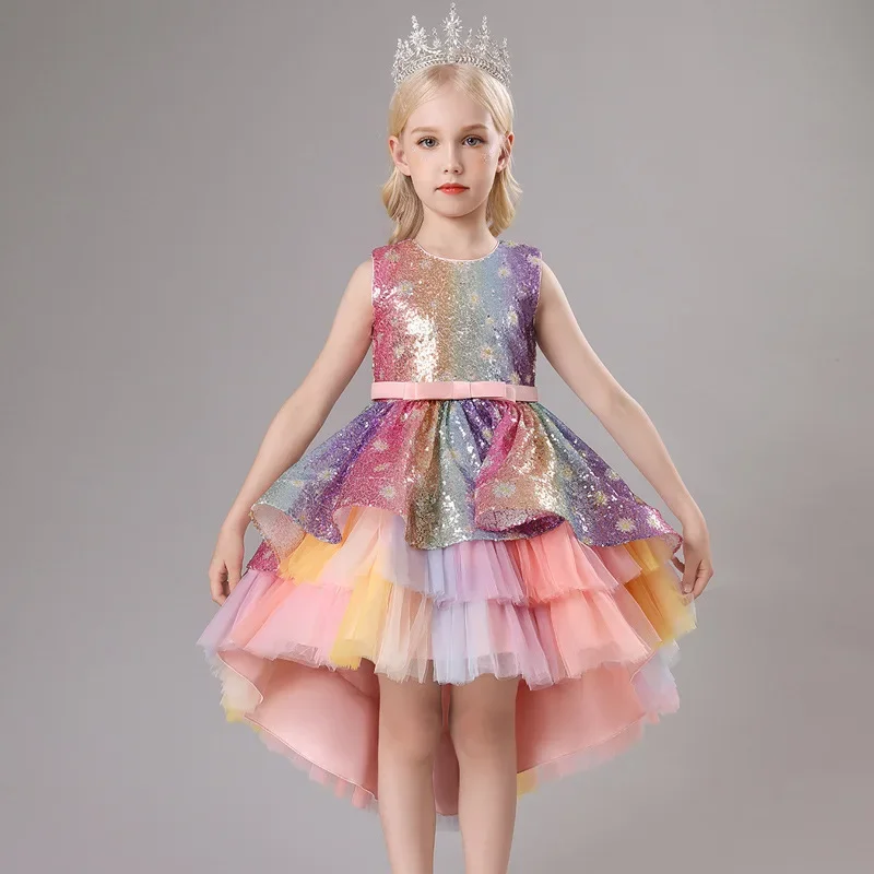 Children's formal dress, trailing princess skirt, European and American girl sequin bow gauze dress, June 1st performance dress