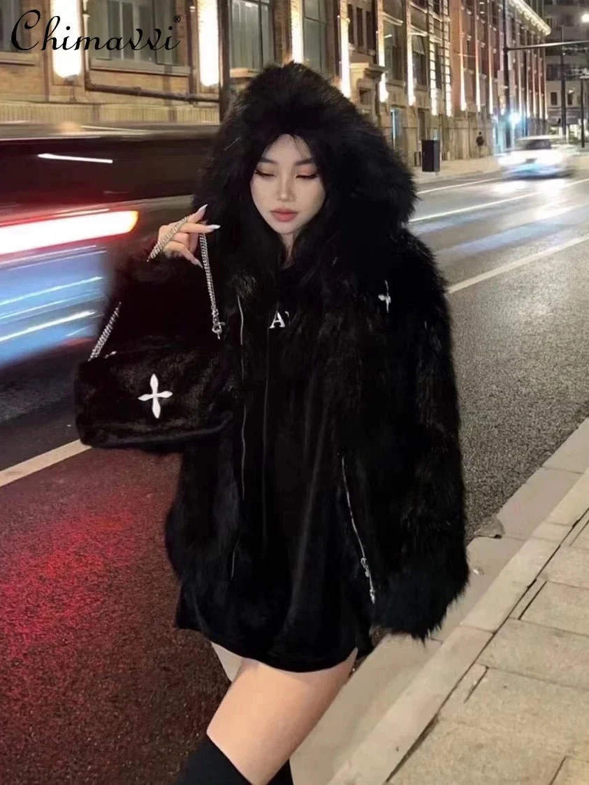 Black Faux Fur Hooded Furry Coat Woman 2024 Winter Clothes Ladies Long Sleeve Zipper Mid-length Fox Fur Warm Jacket Female