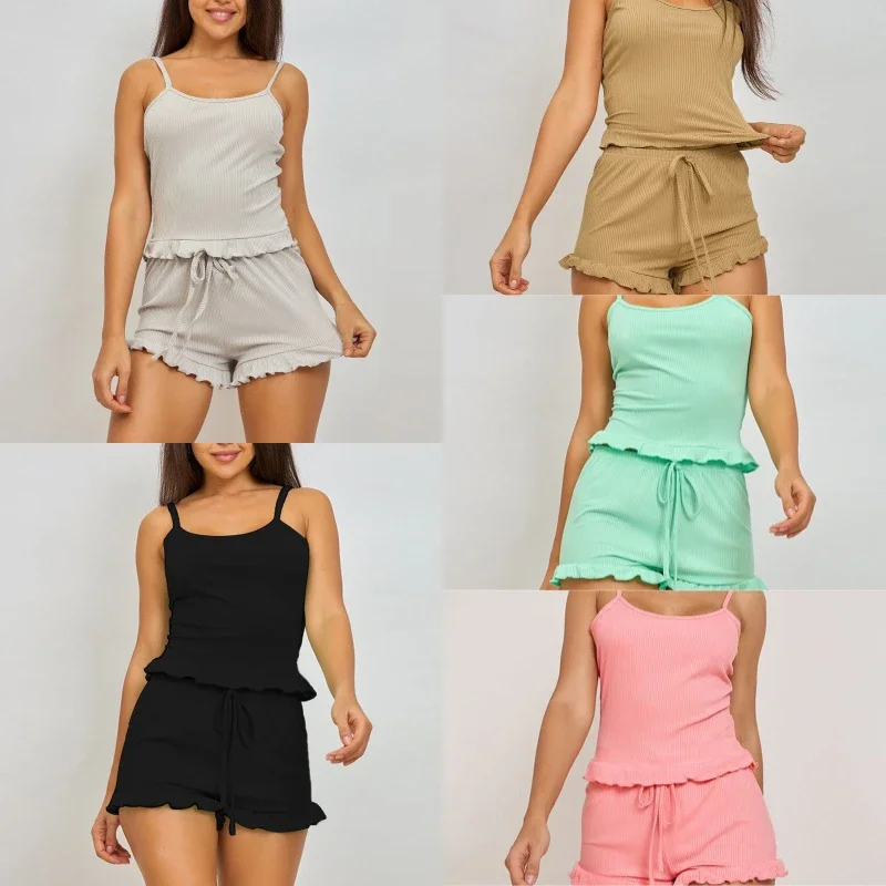 

Women's Clothing Sexy Suspenders Shorts Two-Piece Set Casual Comfortable Pajamas Solid Color Fresh Striped Sleepwear Suit