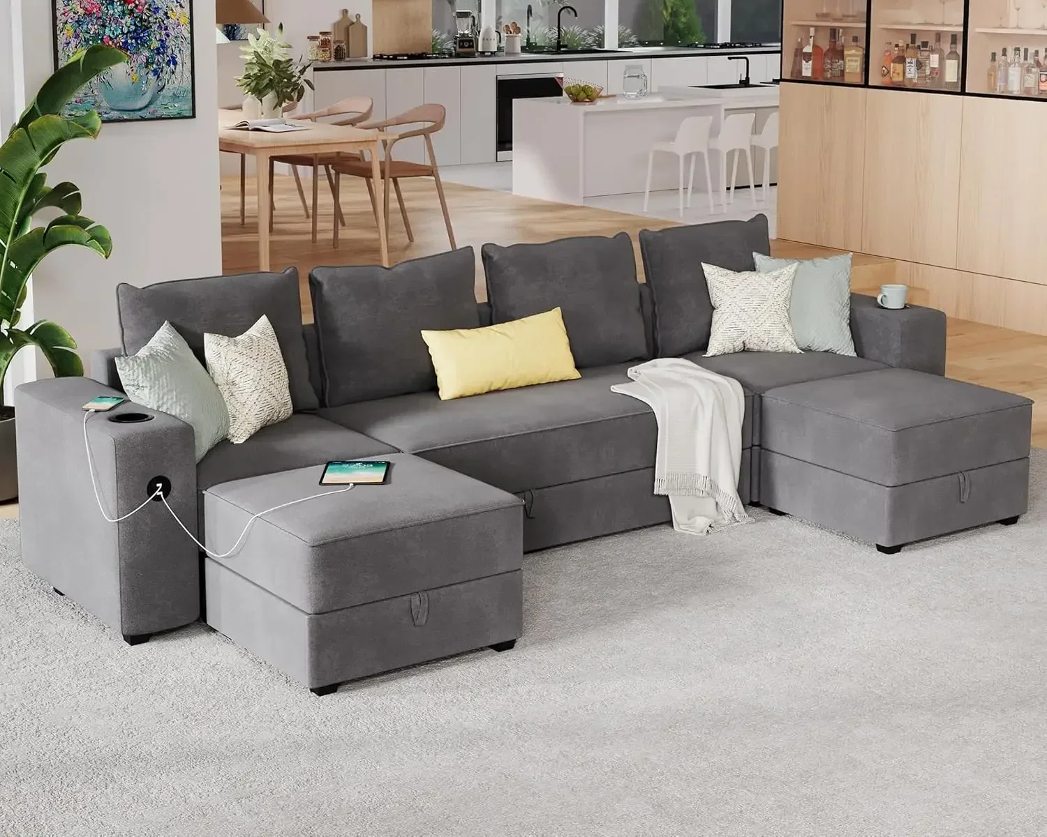 114 Inch Modular Sectional Sofa with 2 USB Ports & Cup Holders, 6 Seats U Shaped Couch with Storage