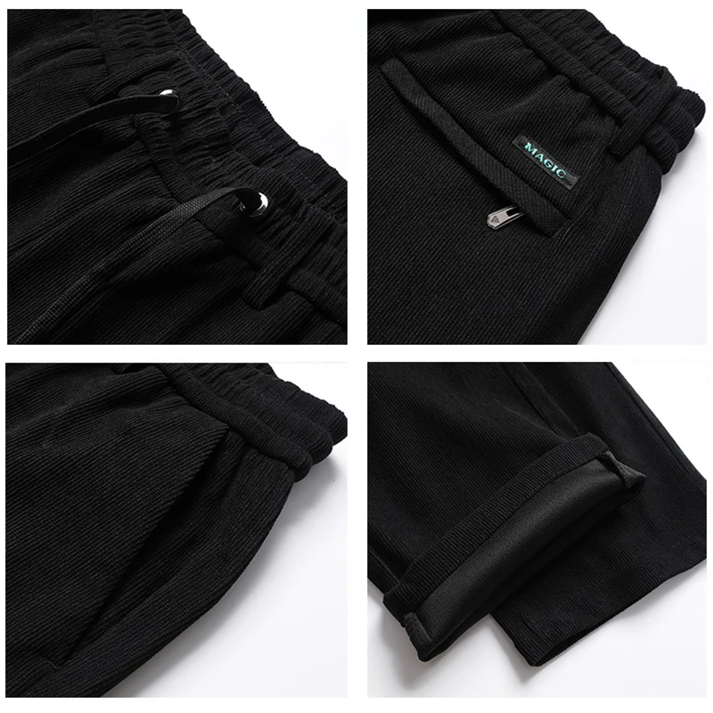 Big Size Men's Fleece Casual Pants Winter Thick Trousers Loose Sport Casual Pants Drawstring Windproof Classic Corduroy Pants