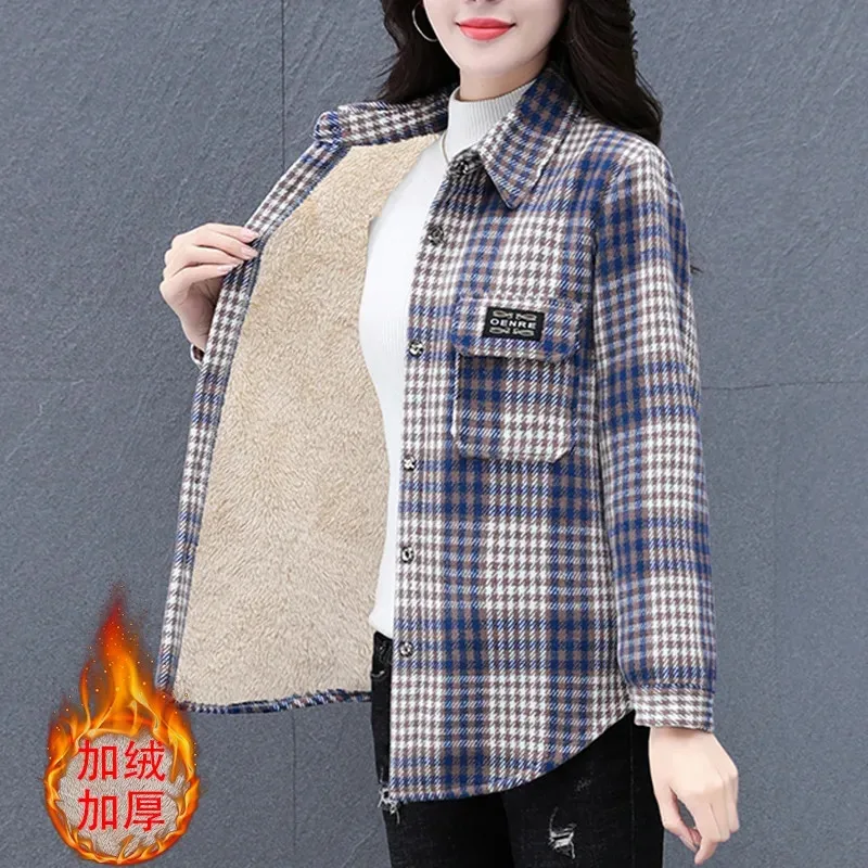 Spring Autumn Winter Add Velvet Plaid Shirt Frosted cotton Women\'s Shirt Blouse Long Sleeved Casual Warm Shirt Jacket 2024