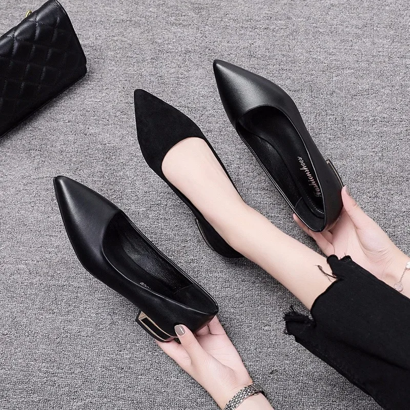 

High Heels Women Classics Elegant Pointed Square Root Office Work Shoes Fashion Black Shallow Mouth Leather Shoe Heels for Women