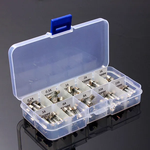 

100pcs 5x20mm Glass Tube 0.2A 0.5A 1A 2A 3A 5A 6A 8A 10A 15A Car Electrical Fuse Assortment Kit