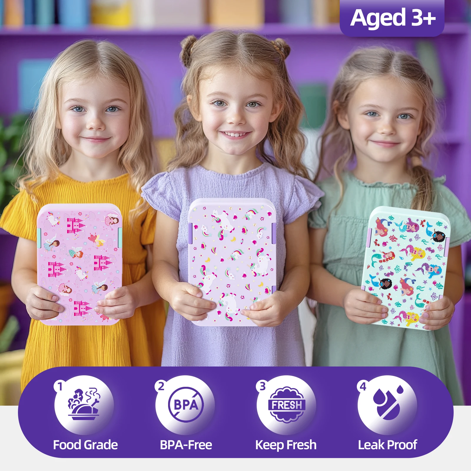 40oz Cartoon Pattern Bento Lunch Box Set Leak Proof Removable Dividers Meal Container for School Office Picnic Food Snack Prep - view 3
