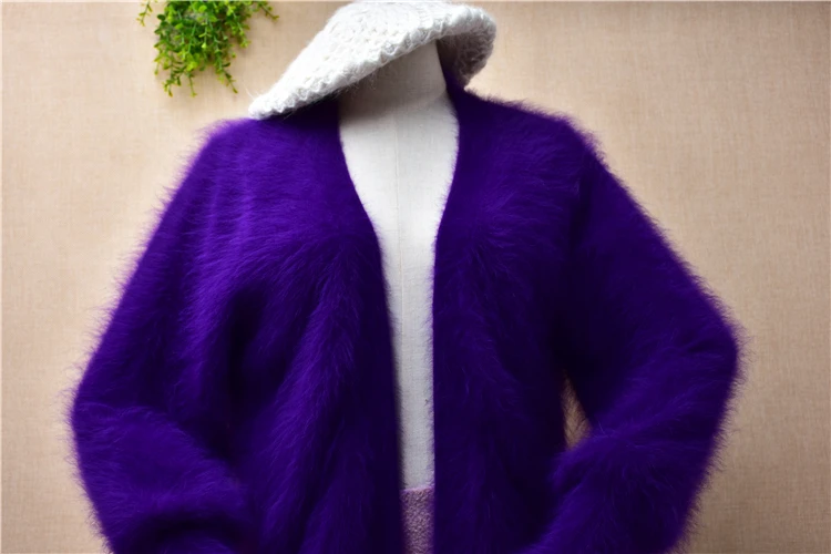 ladies women fashion purple hairy mink cashmere knitted long lantern sleeves slim mantle jacket coat sweater angora fur cardigan