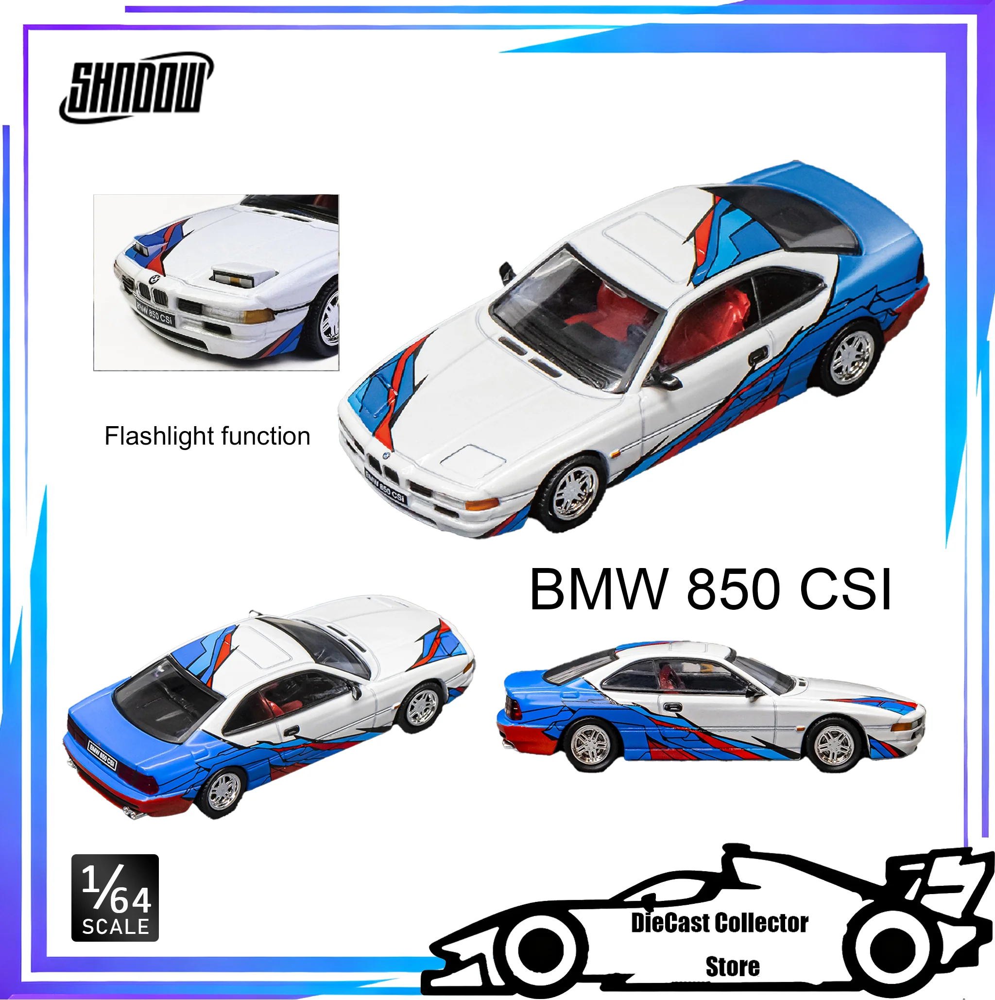 

SHADOW 1/64 Classic BMW 850 CSI Tricolor Latte with Jump Light Alloy Car Model Children Gift
