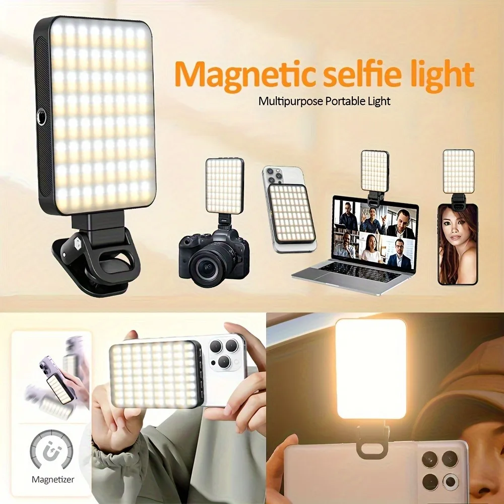 1pc Magnetic fill light,3000mAh Selfie Light,120LEDs,USB Charging,3 Light Modes,for Photography,Makeup,ideo Conference,with Clip