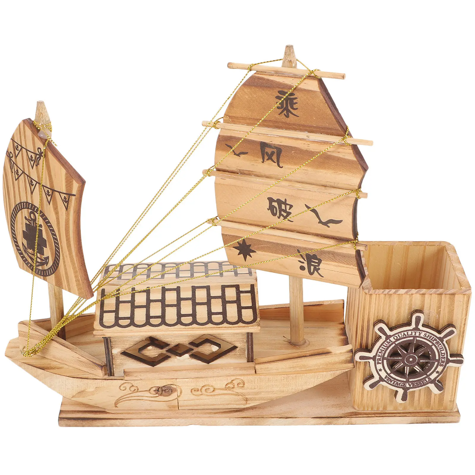 Wooden Sailboat Pen Holder Large Desktop Organizer Pen and Pencil Storage Container for Desk Decoration Model Kit