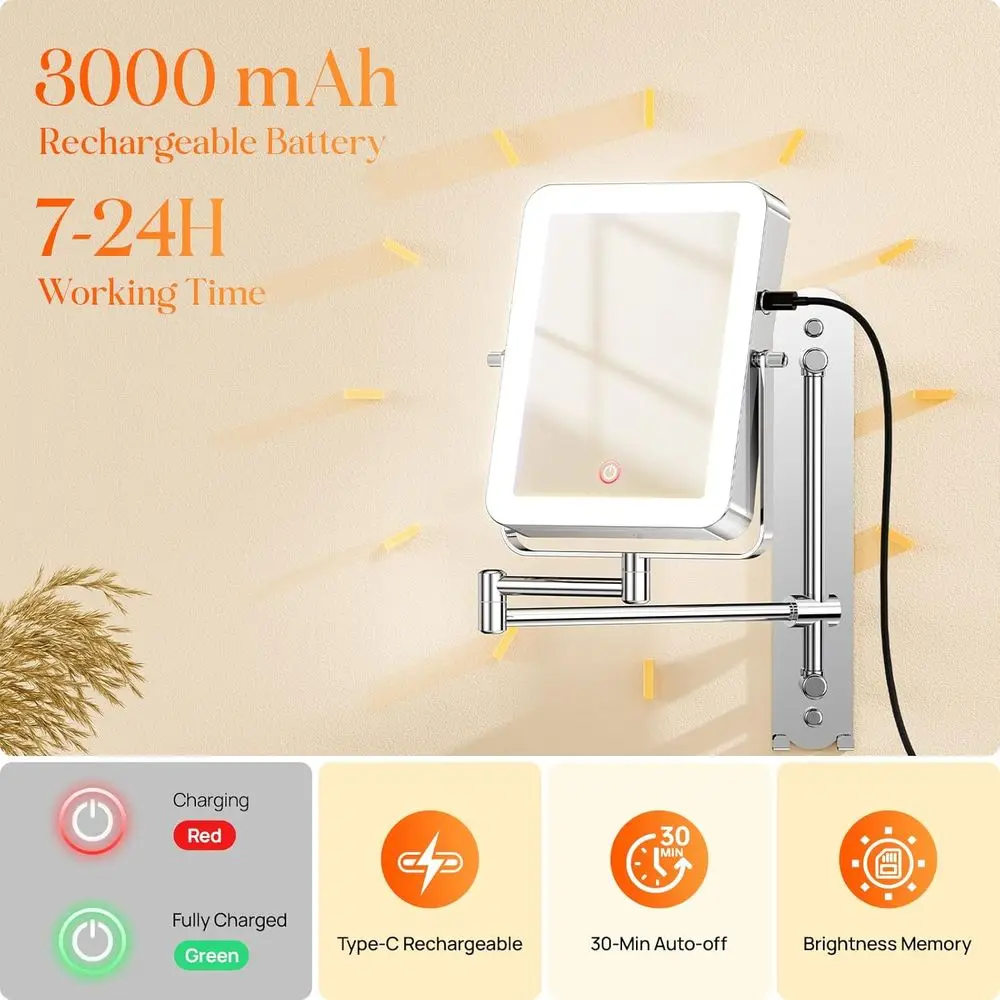 LED Lighted Wall Mount Makeup Mirror with Hooks, 3000mAh Battery, 1X/10X Magnification, 3 Color Modes, Adjustable Brightness for