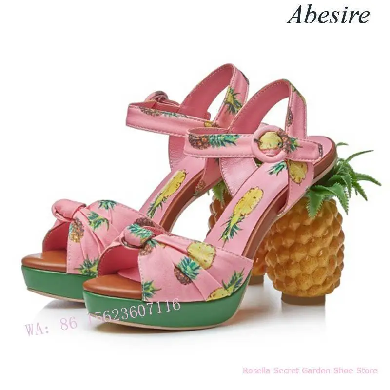 New Pineapple High Heels, Shaped Heel Sandals, Embellished Print Decoration, Open Toe High Heels, Thick Sole Shoes for Women