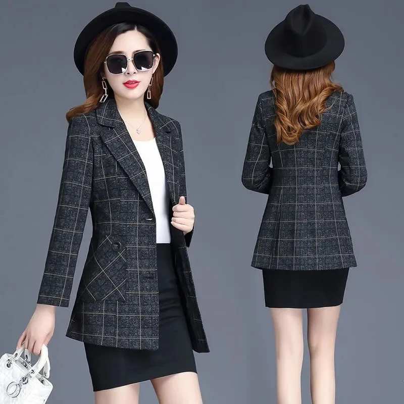 Spring Autumn Jacket Women\'s Blazers New Fashion Plaid Long Sleeve Single Breasted Suit Female Blazers Outerwear Casual Tops 4XL