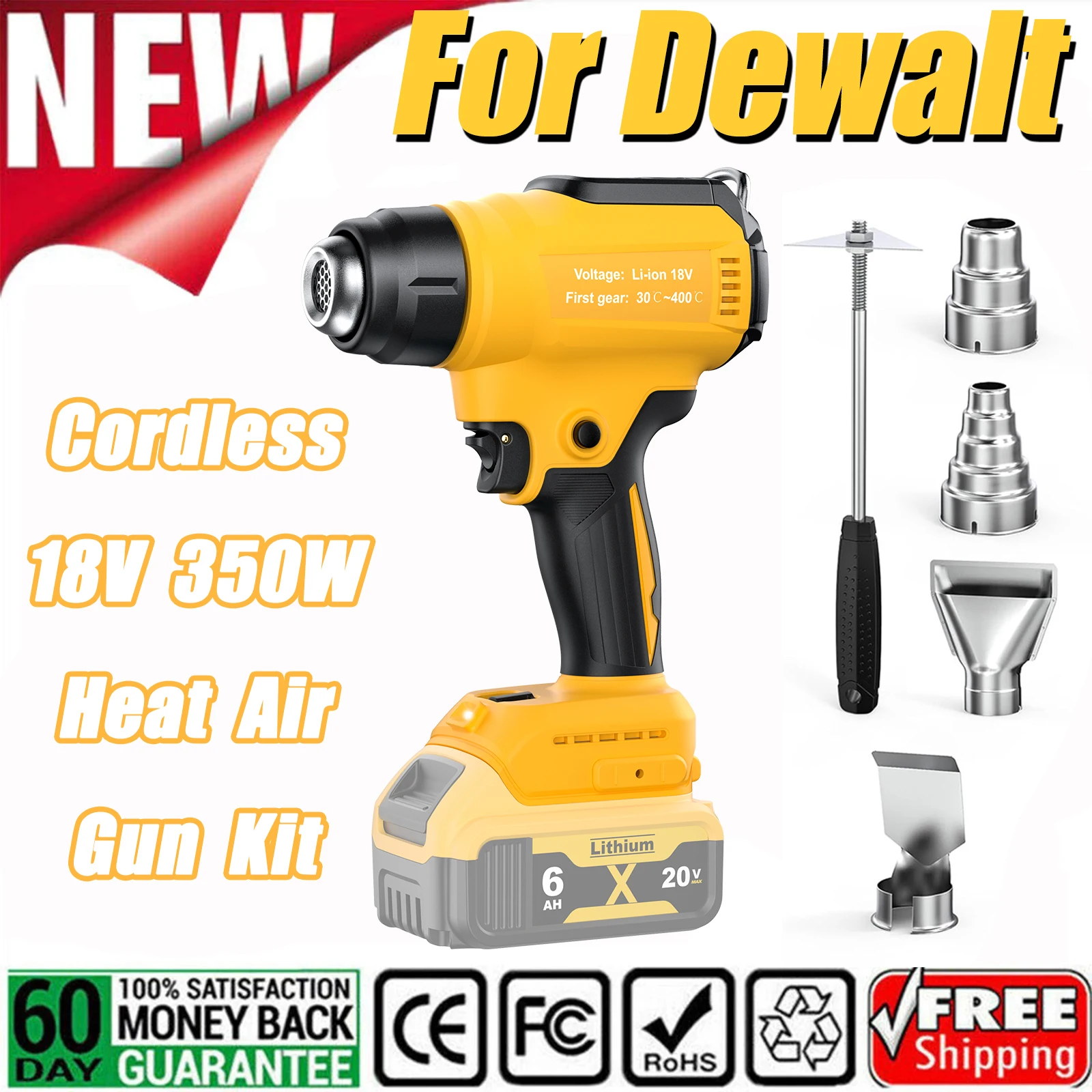 BATTOOL Cordless Hot Air Gun For Dewalt 20V DCB200 Battery 350W Rated 990°F Heavy Duty Hot Air Gun Kit Shrink Wraping Power Tool