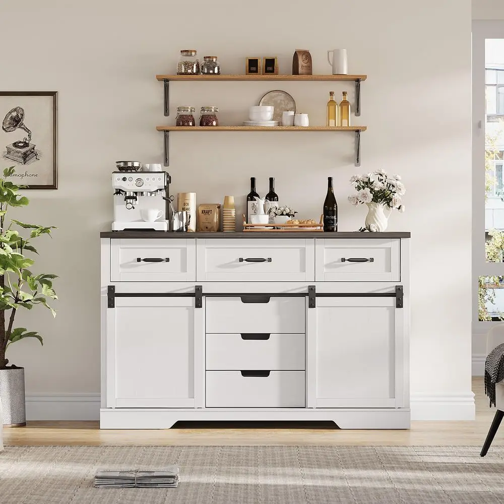 6 Drawers Dresser for Bedroom with Sliding Barn Doors, 47 Sideboard Cabinet Rustic Storage Cabinets with Sliding Barn Door, Coff