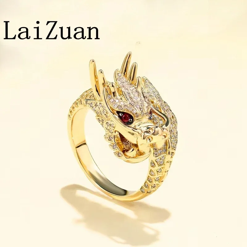 LaiZuan Solid 18K AU750 Yellow Gold Dragon Natural Diamond Ring Genuine Ruby Luxury Fashion Jewelry Classical Retro Art Band