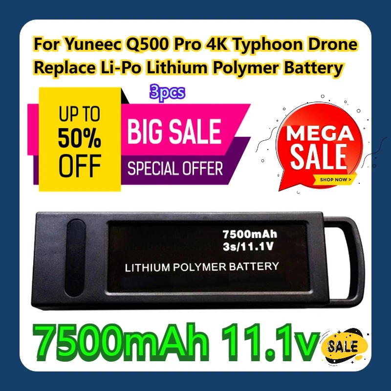 

For Yuneec Q500 Pro 4K Typhoon Drone Replace 7500mAh Li-Po Lithium Polymer Battery 3pcs