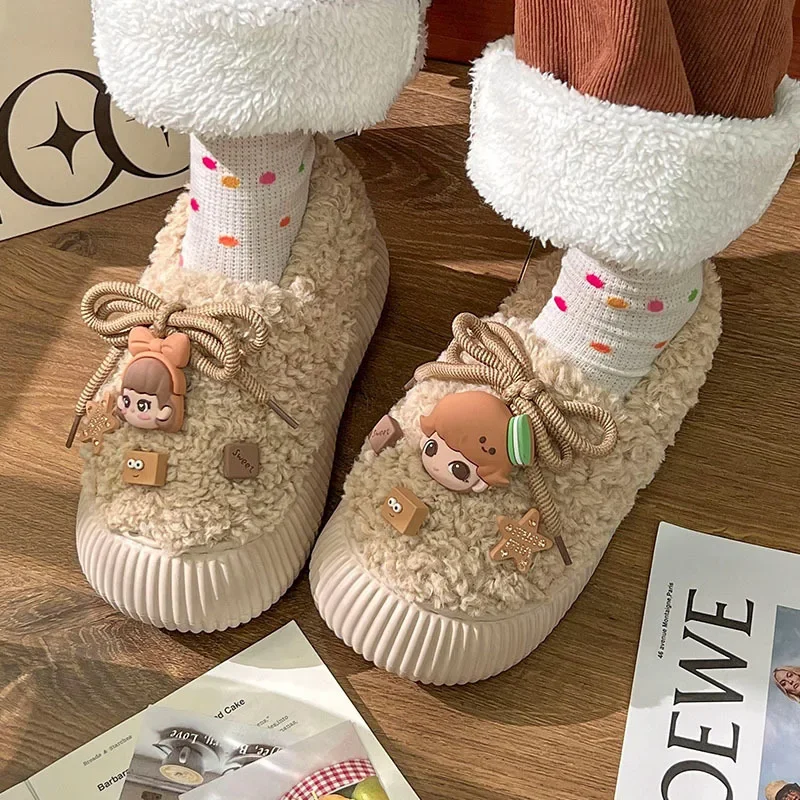 2024 Winter Warm Shoes Woman Indoor Home Slippers Cute DIY Cartoon Soft Plush Toe Protection Girls House Garden Cotton Footwear