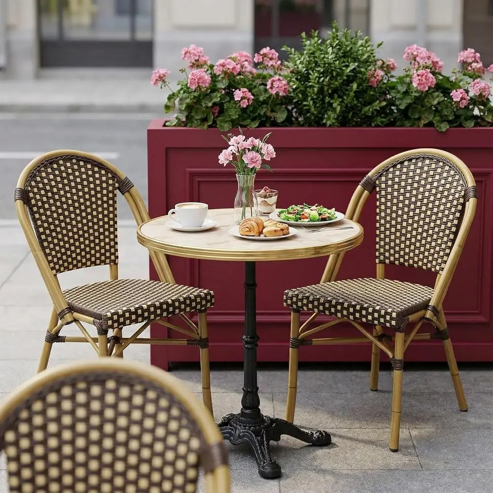 

Handwoven Wicker Bistro Chairs Set of 2, Outdoor Patio Garden, Bamboo Print Finish, Suitable for Coffee or Dining
