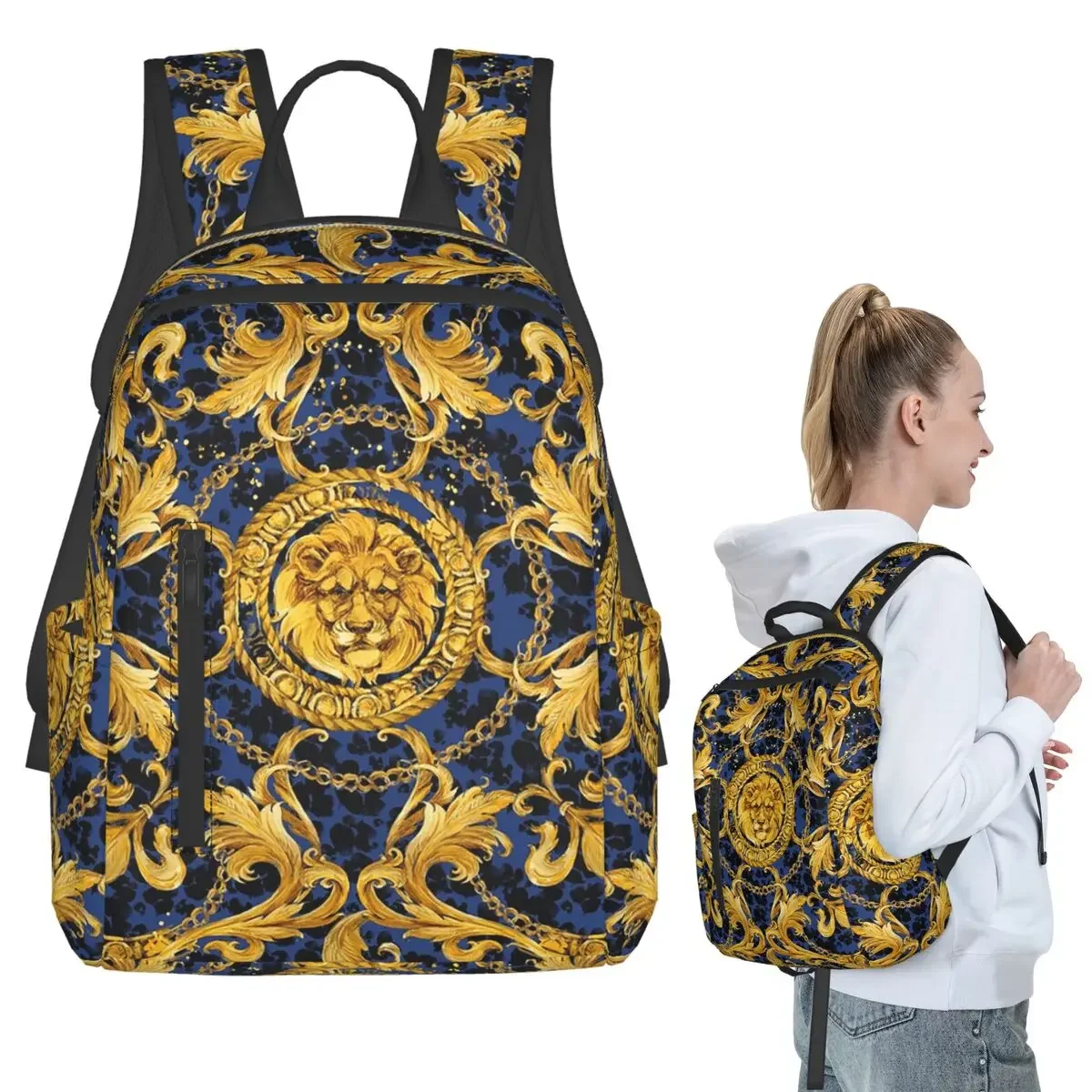 

Golden Lion Baroque And Damask Ornament Backpack Student Boys Girls BookBag Kids School Bag Laptop Shoulder Bags for Men Women