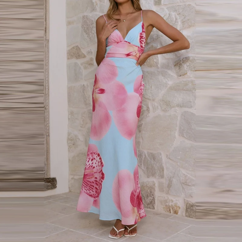 

Элегантное женское платье с V-образным вырезом и бретелями на талии, модное, с милым цветочным принтом, в стиле бохо, сексуальное, без рукавов, с открытой спиной, ажурное, длинное