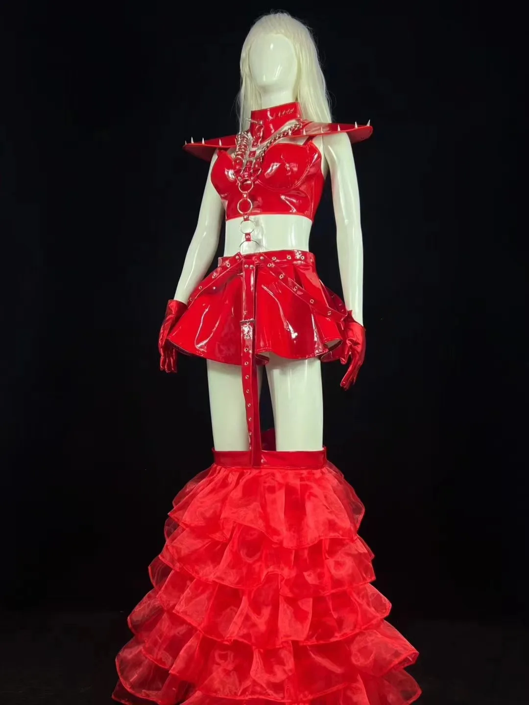 عرض زي فتاة فاخر للحفلات الزي الأحمر بولي Leader زعيم الليزر ارتداءها بار برشام مكدسة تنورة تنحنح ملهى ليلي سحب الملكة الهذيان الزي L #2