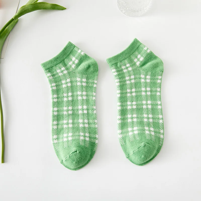 5 Pairs Women Socks Spring Summer Green Printing Women Low Cylinder Socks Comfortable Cotton Short Tube Socks Shallow Mouth Sock