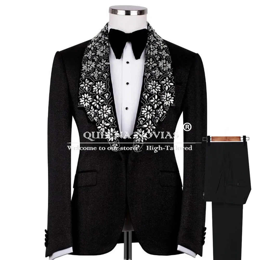 Luxury Groom Wedding Tuxedos Customized Diamond Beaded Designer Prom Blazers Formal Party Suits Men Slim Fit trajes para hombre