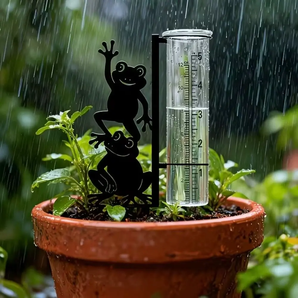 Iron Art Metal Frog Rain Gauge Stake Rustproof Weatherproof Outdoor Glass Tube Rain Gauge with Scale Umbrella Frog Shaped