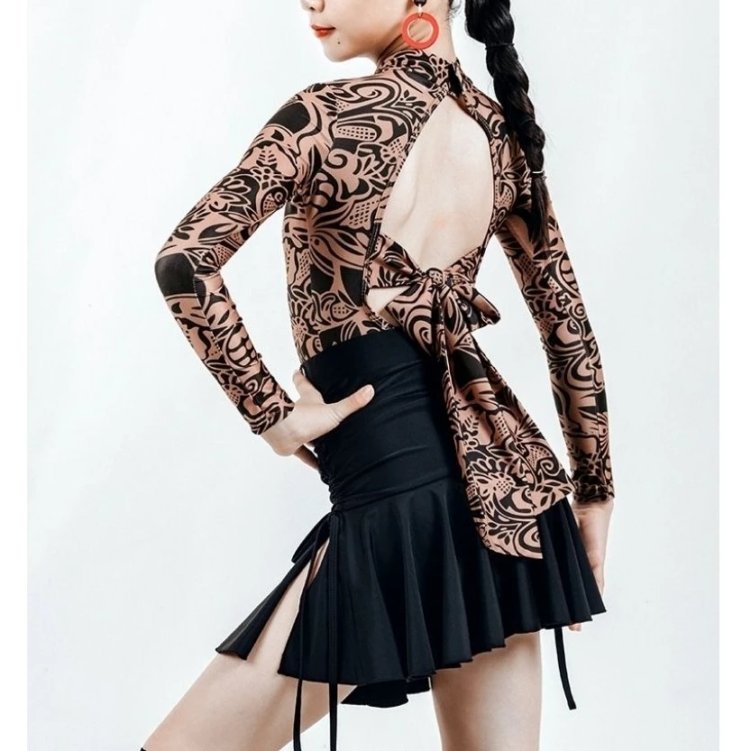 Ensemble de robe de danse latine pour filles, col haut, manches longues, dos nu, justaucorps, jupe noire, Costume d'entraînement de danse de Cowboy Cha-cha Samba