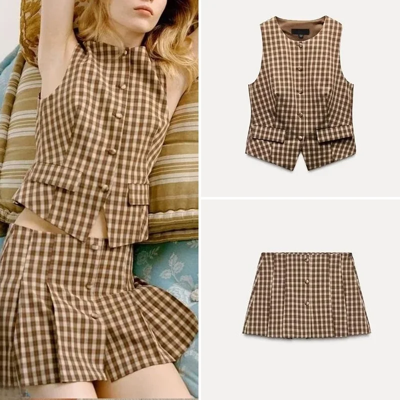 سترة مطبوعة ضيقة مناسبة لفصل الربيع 2025 مجموعة أزياء نسائية مع تنورة مربعة وسراويل من ماركة Z بدون أكمام مجموعة أنيقة #1